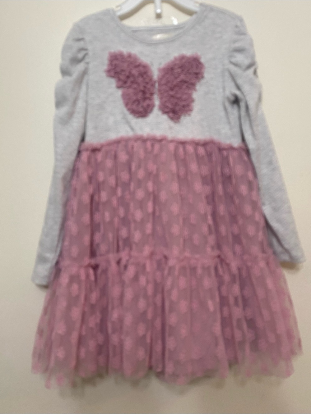 Girls' Mauve Tulle Butterfly Knit Dress
